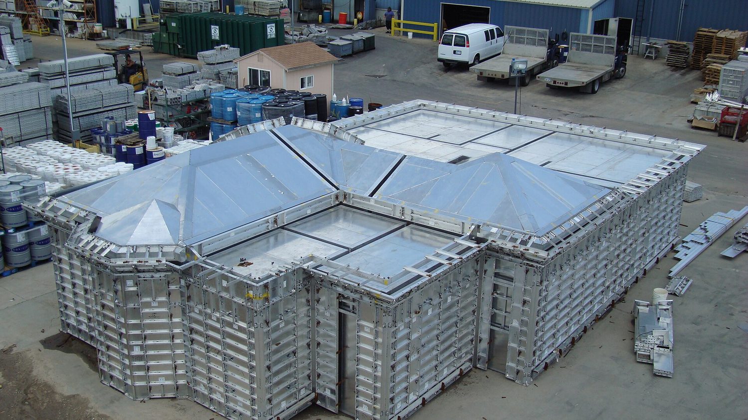 Formwork panels stacked in a supply yard